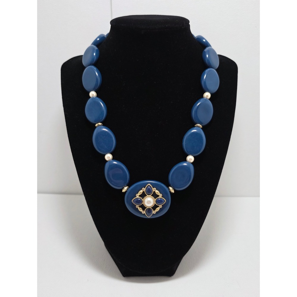 Vintage Avon Navy Blue Statement Necklace Reversible Faux Pearl Gold Tone 21"